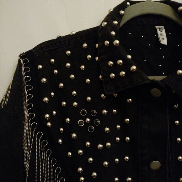 Denim Jacket Fully Studded Chain Fringe Mrs Easterling Black pockets Button down - Picture 2 of 16